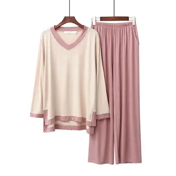 2 Gab Tīrtoņa Krāsu Sieviešu Pidžamas Komplekti Kravu Sleepwear Long Sleeve Sieviešu Pyjama Naktsveļu Gadījuma Homewear Top+Bikses Pijama