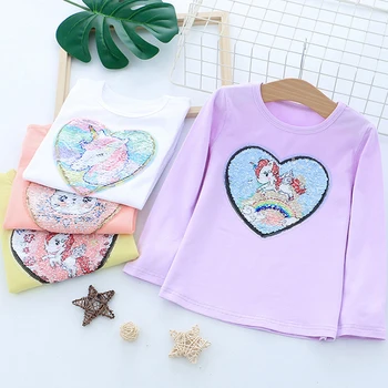 2019. gada pavasara Modes zīmola Baby Girl Apģērbu unicorn Vizuļi garām Piedurknēm Cute Karikatūra T-Krekli, Kokvilnas Adīt T-Krekli meitenēm apģērbi
