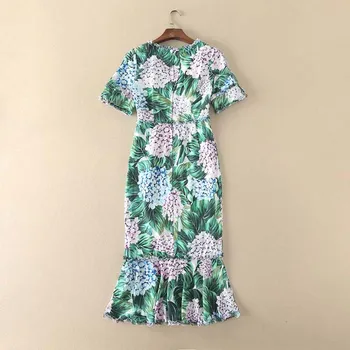 2019 Hydrangea drukas kleita puse V-veida Kakla Vidum Teļš Vidukļa Slim Sirēna Streetwear Vasaras Jaunā modes dizaina kleita sieviešu apģērbs