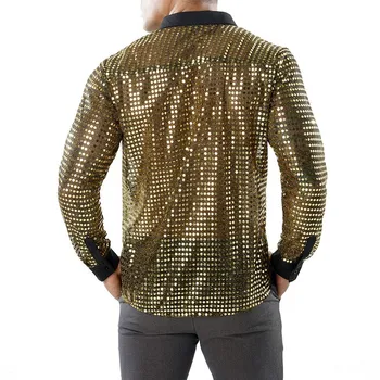 2019 Jaunu Vīriešu Sexy Sequin Caurspīdīgs Krekls Melns Redzēt Cauri Vīriešu Krekls ar garām Piedurknēm Naktsklubs, Spīdīga Zelta Krekls S-2XL