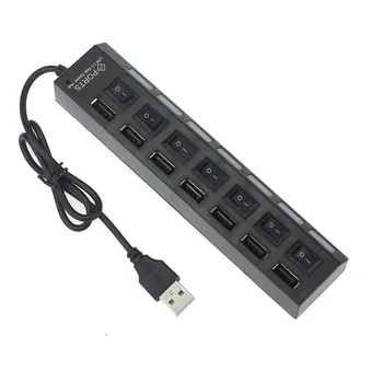 7 Porti LED USB 2.0 Adapteris Hub Power on/off Slēdzis PC Klēpjdators BK Multi-ligzda centru Ar Slēdzi Vadu Karstā Pārdošanas