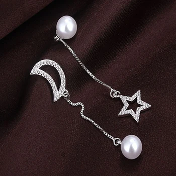 925 Sterling Sudraba Garas Pērļu Auskaru Zvaigžņu Mēness Dizaina Auskari Sievietēm Jaunā Modes Sudraba Rotaslietas