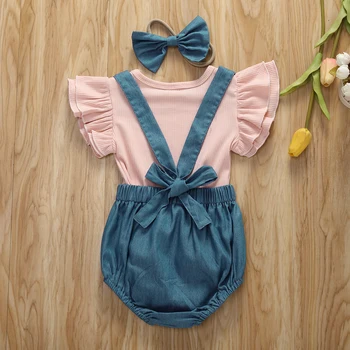 AK Infant Baby Girl Vasaras Apģērbs Lidot-Piedurknēm Topi Zeķu Bikses Galvu Komplekts