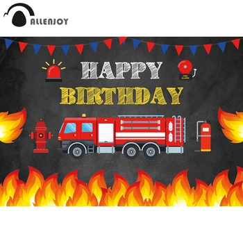 Allenjoy Ugunsdzēsības Puse Photophone Karikatūra Fire Truck Ķieģeļu Sienas Baby Dušas Banner Fona Happy Birthday Party Aizkari