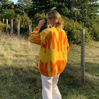 Aproms Oranži Svītrains Drukāt Lielgabarīta Džemperis un Džemperi Sievietēm Ir 2021. Pavasara Mīksts Trikotāžas Garo Džemperi Streetwear Siltas Virsdrēbes