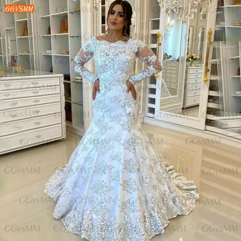 Arābu Sirēna Mežģīņu Kāzu Kleita ar garām Piedurknēm ir 2021. vestido de noiva Slim fit Līgava Kleitas Sievietēm Tiesa Vilcienu drēbes de mariee