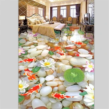 Beibehang Pasūtījuma grīdas apdare glezna 3d-trīsdimensiju oļi 3D lotus karpas grīdas dzīvojamā istabā, pašlīmējošus grīdas