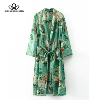 Bella Filozofija Ziedu Drukāt Satīna Kimono Pidžamas Sieviešu jostas kabatas jaciņa ar garām piedurknēm Blūze Beach