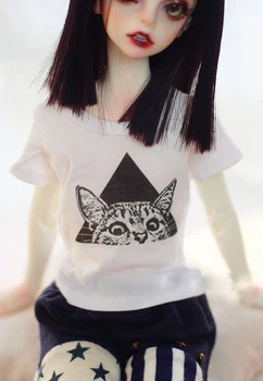 BJD lelles krekls balts kaķis apdrukas T-krekls, lai 1/3 1/4 1/6 BJD SD DD MID MSD YOSD lelle, apģērbs, aksesuāri