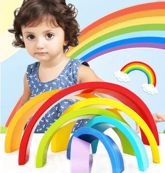 Bērnu izglītības rotaļlieta koka klučiem varavīksnes krāsu bloķē tiltu Krāvējs Krāsu kārtot Spēle Ligzdošanas Radošo Koka Aplis Uzstādīt 7pcs/komplekts