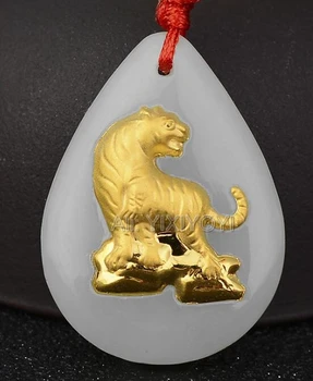 Dabas Balts Hetian Jade + Solid 18K Zelta Ķīnas Divpadsmit Zodiaka Amuletu Dzīvnieku Krītot Laimīgs Kulons + Kaklarotu, Smalkas Rotaslietas