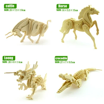 Dinozauru puzzle dzīvniekiem, koka rotaļlietas trīsdimensiju modelis samontē puzzle rotaļlieta DIY baby bērnu izglītības 3D puzles