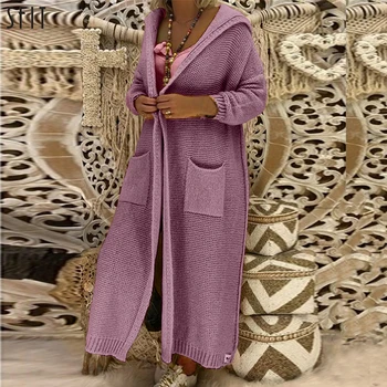 Džemperi 2019 Garš Trikotāžas Jaka Sieviešu Modes Dubultās Kabatas Top Džemperis Femme Kapuci Sweters Mujer Mētelis Streetwear