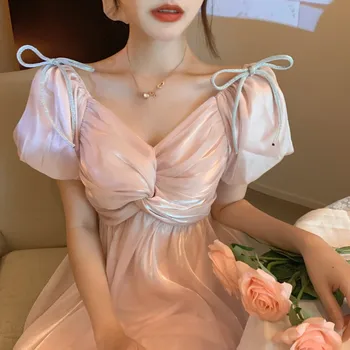 Elegants Franču Kleita Sievietēm Rozā Mežģīnes, Šifons Puff Piedurknēm Pasaku Kleita Gadījuma Vasaras Japānas Stila Vintage Retro Korejiešu Kleita 2020