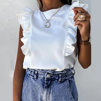 Elegants sieviešu tīrtoņa krāsu Savirmot blūze, krekls 2020. gada Vasaras O Kakla Kroku Blusa Dāma 3XL Jaunu Gadījuma Pogu, bez piedurknēm topi blusa