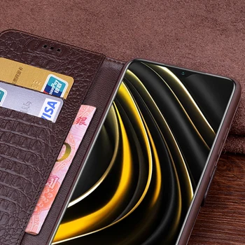 Gadījumā Xiaomi Mi POCO M3 Luksusa Seifs Īstas Ādas Gadījumā Stāvēt Uzsist Karti Xiaomi POCO X3 NFC Turiet Tālruņa Grāmatas Vāka Soma