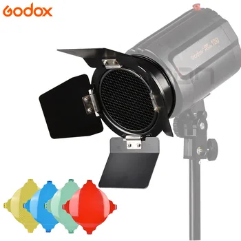 Godox BD-03 Klēts Durvis Ar Šūnveida Režģis un 4 Krāsu filtru Komplekti, Foto Studija Flash K-150 K-180 250SDI 300SDI E250