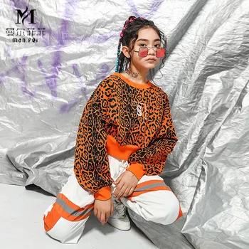 Hip Hop Kostīms Meitenēm Leopard Kultūraugu Top Sweatershirt Jogger Bikses Bērniem, Deju Tērpi Džeza Ielu izrādes, 110-180cm
