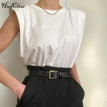 Hugcitar 2020 bez piedurknēm ikdienas topi vasaras sieviešu modes streetwear melna balta cieta apģērbs, T-krekli
