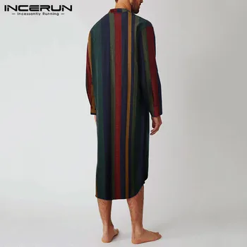 INCERUN Vintage Svītrainām Miega Drēbes Stāv Apkakles Pogas Naktskrekls Cilvēks, Mīksti Kokvilnas Apakšbikses Vīriešu Modes garām Piedurknēm Sleepwear7