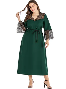 Ir 2021. pavasara rudens plus lieluma gara kleita sievietēm lielu brīvs gadījuma ar garām piedurknēm ar mežģīņu V kakla kleitas jostas zaļā 3XL 4XL 5XL 6XL