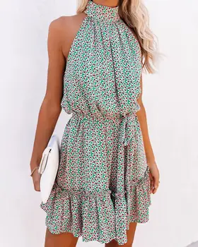 Ir 2021. Vasaras Vintage Slim Sieviešu Kleita Zaļā Ruffles Drukāt O-veida kakla Sievietēm Tvertne Kleitu Modes Gadījuma Kleita