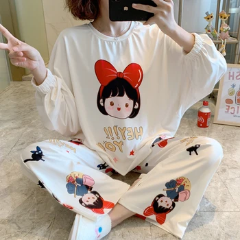 Japānas Anime Kiki Piegādes Pakalpojumu Sieviešu Pidžamas Dāmas ar garām Piedurknēm Topi, Bikses Pijama M-3XL Plus Lieluma Naktsveļu Meitenes Pyjama