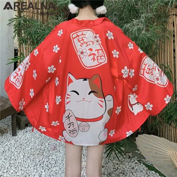 Japāņu Kimono Elementus Tradicionālo 2020. Gada Vasaras Elegantas Sievietes Korejas Sauļošanās Haori Hombre Laimīgs Kaķis Cosplay Yukata Jaciņa Priekšā Tie Top