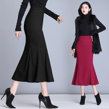 Jaunas Ielidošanas 2020 Rudens Ziemas Sievietes Sabiezēt Vilnas Ilgi Svārki Korejas Modes Biroja Dāma Augsta Vidukļa Slim Sirēna Svārki