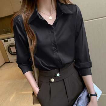Jauns Satīna Krekli, Sieviešu Elegants Birojs Dāmu Krekls Vintage Garām Piedurknēm Blūze Hong Kong Stila Stabilu Modes Sieviešu Topi Blusa 11503