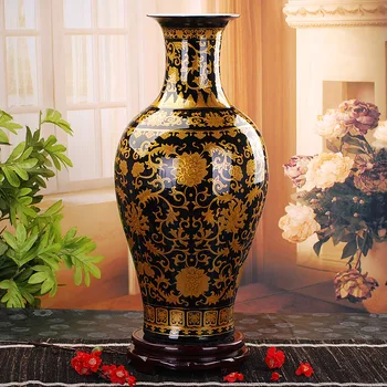 Jingdezhen Vāze Grīdas Keramikas Melnā Zelta Antīko Liela Vāze Mājas Interjera Priekšmeti Viesistaba Lielās Grīdas Vāzes
