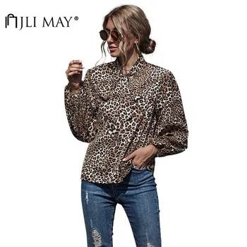 JLI VAR Sievietes Leopard Krekli Rudenī O-veida Kakla Laternu Piedurknēm Gadījuma Zaudēt Blūzes Streetwear