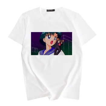 Kawaii T Krekls Sieviešu Vasaras Top 2018 jaunu Harajuku T-krekls drukas Sailor Moon gadījuma Zaudēt Plus Lieluma Īsām Piedurknēm Tee Kreklu Femme