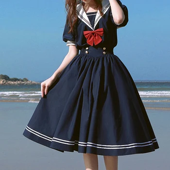 Kleita Sievietēm Vasarā Harajuku-Line Jūrnieks Gothic Kawaii Lolita Kleita Vintage Japāna Sweet Priekšgala mezgls Meitene Retro Streetwear Vestidos