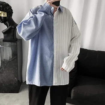 Korejas Svītrainām Krekls Vīriešu Modes Kontrasta Krāsu Gadījuma Kleita Krekls Vīriešiem Streetwear Savvaļas Zaudēt Ilgtermiņa Piedurkne Krekli, Vīriešu M-2XL