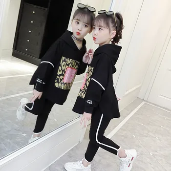 Korejiešu Bērnu drēbītes Pavasara, Rudens Bērniem Tērpiem Modes Kapuci sporta Krekli + Melnas Bikses Pusaudžu Meiteņu Apģērba Komplekts 10 12Y