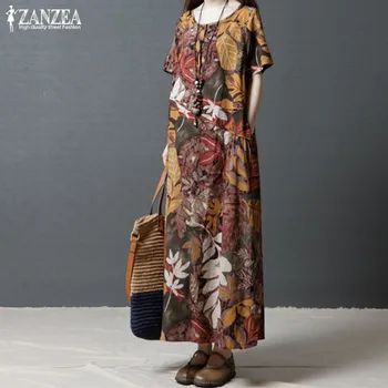 Lielgabarīta Vintage Lina Kleita Sieviešu Sundress ir 2021. ZANZEA Kaftan Drukāt Maxi Kleitas Femme Īsām Piedurknēm Vasaras Gadījuma Vestidos 5XL