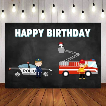 Mehofond Fotogrāfijas Fona Karikatūra Policijas firetruck Bērnu Dzimšanas dienas svinības Bērniem, Photocall Fons Foto Studija