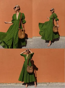 Meksikas kleita 2019 boho hipiju elegants mežģīņu raibs dobi apļveida modeli zaļā kleita Sievietēm sexy v kakla 1/2 piedurknēm maxi kleita