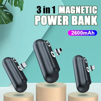 Mini Magnētisko Lādētāja Jauda Banka Micro USB Type C 2600mAh Portable Akumulatora Lādētājs 3 in1 Mobilo telefonu Lādētāju Magetic