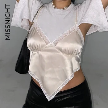 Missnight Satīna Mežģīnes Up Melna Balta Kultūraugu Top Pārsējs Top Sievietēm Backless Bez Piedurknēm Camis Streetwear