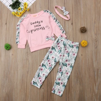 Modes fall winter gudrs diezgan infant baby girl apģērbu 3pcs ruffles piedurknēm vēstuli, ziedu rozā džemperi, topi, bikses, galvas stīpa