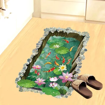 Modes Zivju Dīķis 3D Grīdas Uzlīmes Skaisti Ziedi Vannas istabā, Guļamistabā, Sienas Uzlīmes Creative Ainavu Mājas Dekori Bērnu Istabā