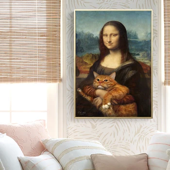 Mona Lisa Plakāti un Izdrukas Sienas Mākslas Kaķis Kanvas Glezna Smieklīgi Slavenā Glezna Dekoratīvās Bildes viesistaba, Mājas Dekoru