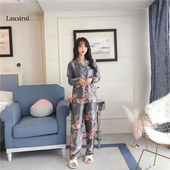 Pavasara Sievietes Satīna Pidžamas Komplekti Sleepwear Pidžamas Miega Lounge garām Piedurknēm Ziedu Drukāt Nightsuits Pijama Zīda Plus Izmēra 5XL