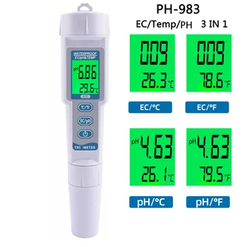 PH-983 3 in 1 EK TEMP PH Testeri Digitālie EK Vadītspējas Mērītājs Monitors Maināmiem Zondes Ūdens Kvalitātes Tīrības Testēšanas Rīks, Baseins