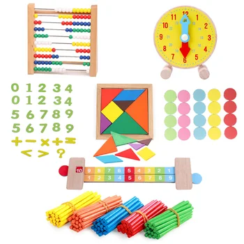 Pirmsskolas Bērnu rotaļu Koka maty rotaļlietas iestatīt pulksteni abacus Tangram Matemātikas valdnieks bērnu lerarning Educatioanl Koka rotaļu instrumentu komplekts Bērniem
