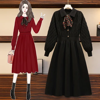 Plus Lieluma Sievietēm Ziemā Silta Adīta Kleita Sievietēm ar garām Piedurknēm Loku Apkakles Elegants Vintage korejas Augsta Vidukļa-line Kroku Dresse