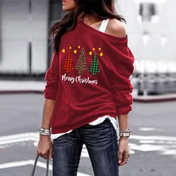Priecīgus Ziemassvētkus Rudens T-krekls Sievietēm, Topi Gadījuma Ziemsvētki Koks Elk Drukāt Šķībs Apkakli, garām Piedurknēm Brīvs T Dāmas Plus Izmērs S-3XL