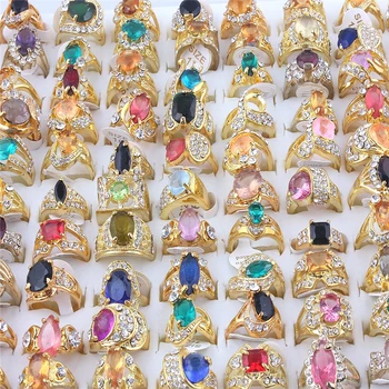 QianBei Bezmaksas Piegāde 30pcs Multicolor Sveķu Akmens Vintage Gredzeni Sievietēm, Vīriešiem, Modes Rotaslietas, Zelta Pilnu Rhinestone Kristālu Gredzens